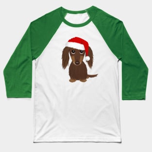 Longhaired Chocolate Dachshund with Santa Hat Cute Dog Christmas Baseball T-Shirt